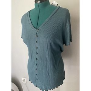 NWT Blue Green Teal Ruffle Button Shirt Top Blouse V Neck Short Sleeve Ribbed